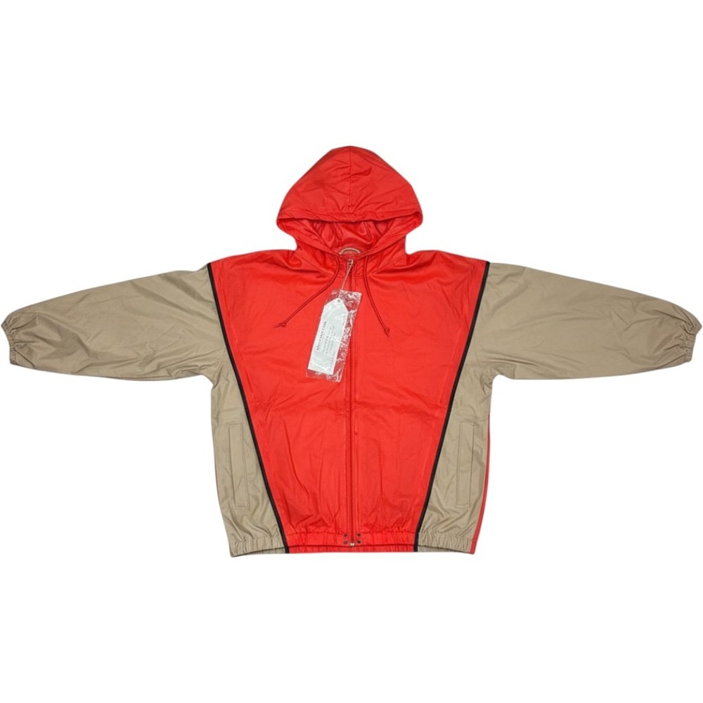 VTG Scoop Rain Jacket Red Tan Vinyl Hooded Full Zip Colorblock Mens Medium NWT